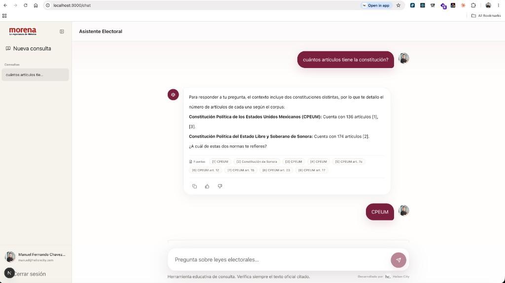 Electoral-law assistant answering a question in Spanish with numbered citations to approved legal sources