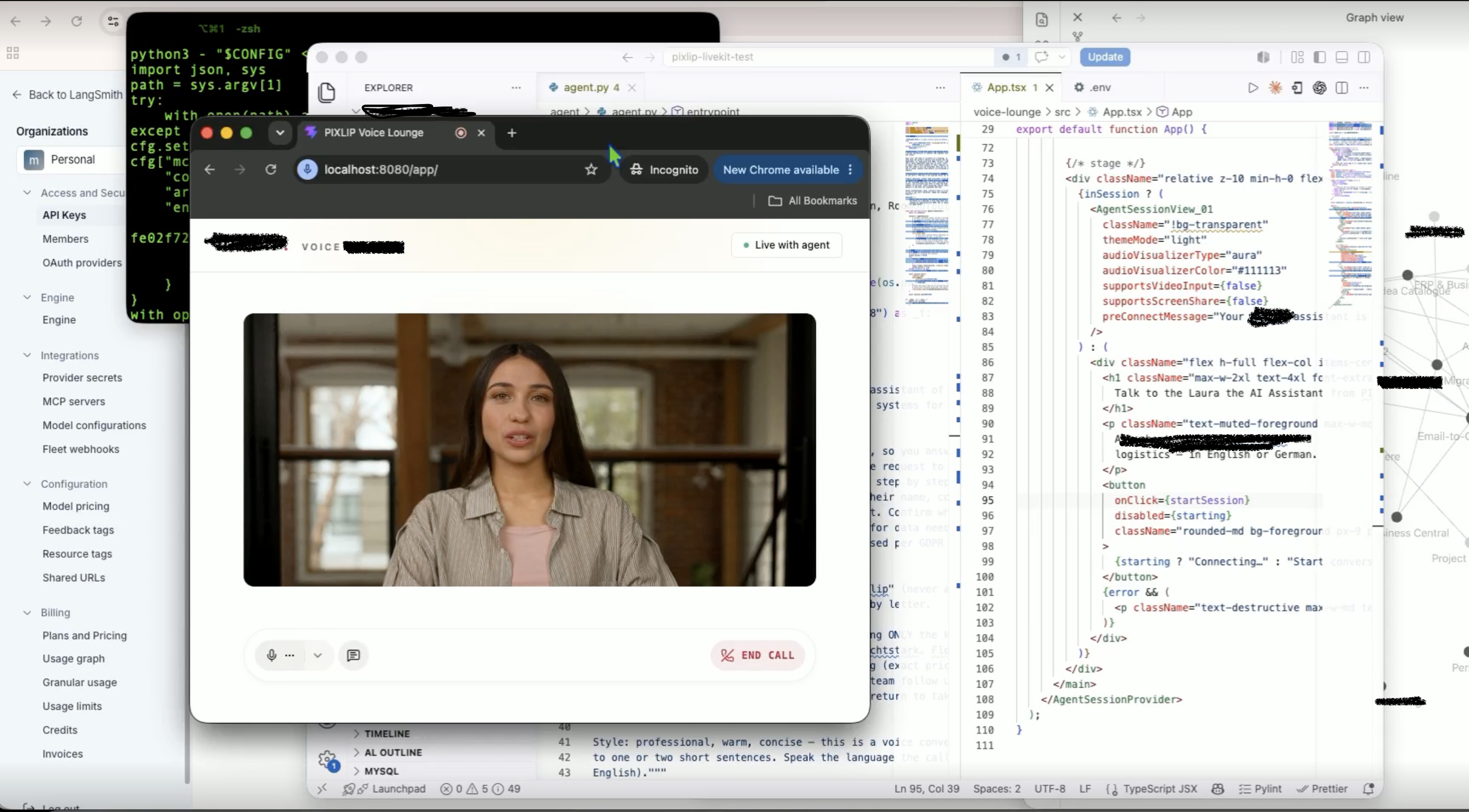 Screenshot of an interactive AI avatar voice interface alongside the project’s source code and runtime configuration