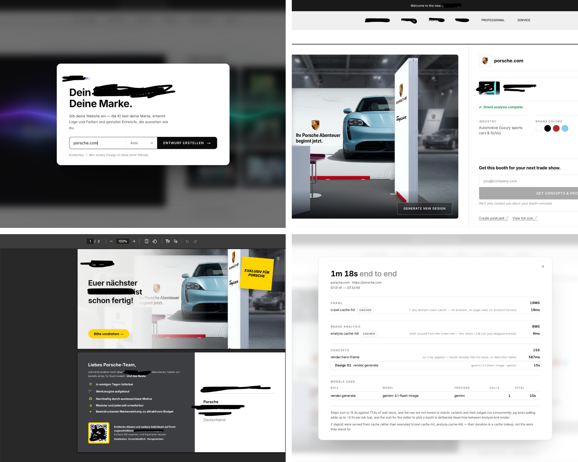 Collage showing website and brand analysis, an AI-generated product configuration, document output and an operational run trace